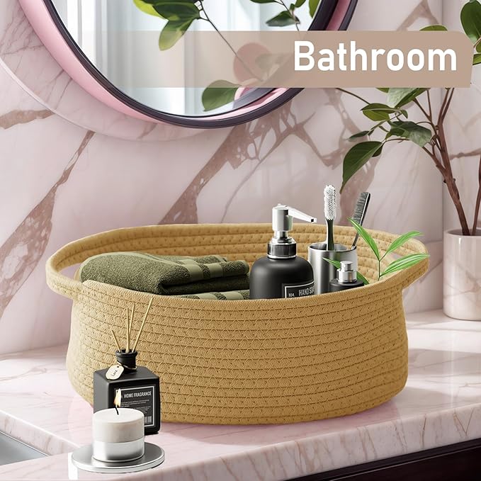 Woven Basket,Small Rope Storage Bin with Handles & Ribbon Bag, Organizer for Shelves Closets,Gift Basket Empty for Birthday,Books,Dog Toys, Jute