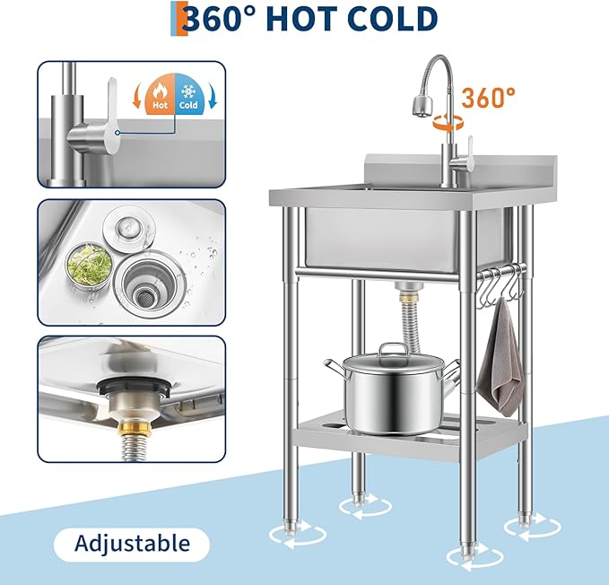 Stainless Steel Utility Sink, Free Standing Single Bowl Kitchen Sink, Adjustable Leg Height, w/Faucet,Hot and Cold Water Pipes,Commercial Laundry Tub,Hook,Storage Shelf for Indoor Outdoor Farmhouse