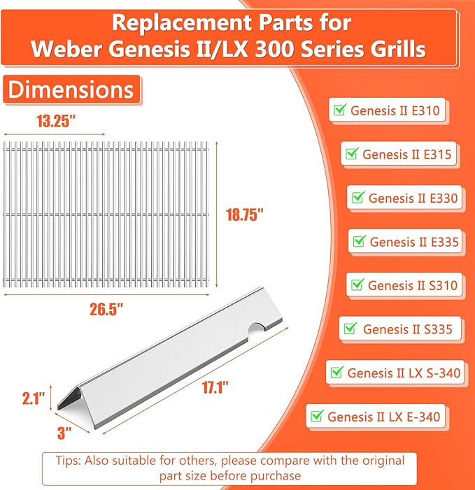 18.75" Grill Grates and Genesis II Flavorizer Bars Replacement Parts for Weber Genesis II 300 /LX 300, GS4 Genesis II E-310 E-315 S-335 Series Grill, 66795 66095 Parts for Weber Genesis II Grill Parts