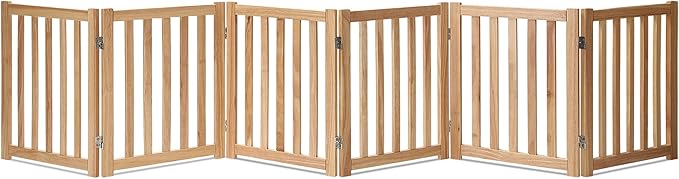 LZRS 6-Panel Extra-Wide Freestanding Wooden Dog Gate Indoor – 24”High Foldable Safety Pet Barrier for Doorways, Hallways, Kitchens, Durable Design fit Small to Medium Dogs, Natural