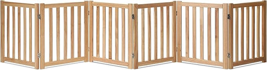 LZRS 6-Panel Extra-Wide Freestanding Wooden Dog Gate Indoor – 24”High Foldable Safety Pet Barrier for Doorways, Hallways, Kitchens, Durable Design fit Small to Medium Dogs, Natural