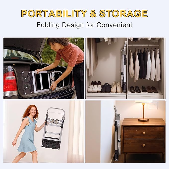 Upgraded 3 in 1 Aluminum Folding Hand Truck, 600lbs Capacity, Heavy Duty Convertible Dolly with Retractable Handle and 4 Rubber Wheels, Collapsible Cart for Moving Home, Office, Warehouse (Black)