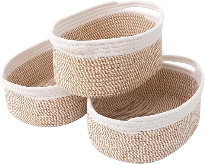 Woven Basket,Small Rope Storage Bin with Handles & Ribbon Bag, Organizer for Shelves Closets,Gift Basket Empty for Birthday,Books,Dog Toys, White&Brown Block/3 Pack