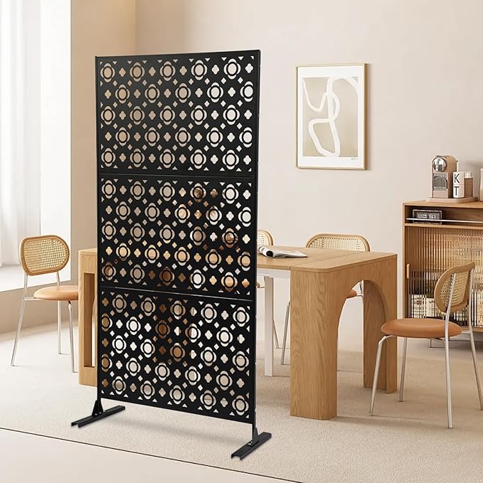 75" H×35" W Decorative Outdoor Privacy Screen with Stand, Outdoor Decor Privacy Fence Screen Metal Fence Panels, Free Standing Metal Divider for Patio Lawn Deck (Black-Small Plum Blossom)