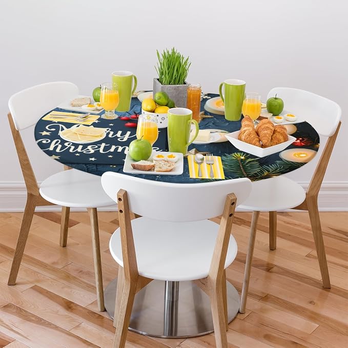 Merry Christmas Candle Star Round Table Cloth Cover, Elastic Edge Waterproof Wipeable Tablecloths 36"-42" Polyester Tablecloth for Party Restaurant Banquet Holiday Camping Outdoor Picnic