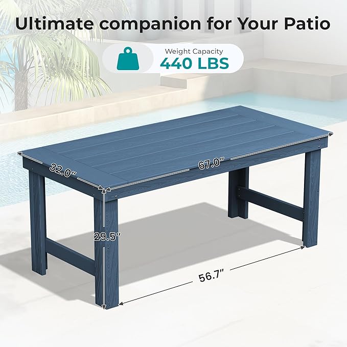 SERWALL HDPE Outdoor Dining Table, 67'' Patio Dining Table for Deck, Blue
