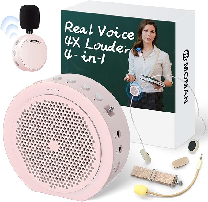 Moman Wireless Voice Amplifier with Lavalier Mic, 20H Battery 164ft Range Sensitive Pickup Noise Reduction PA System Bluetooth Portable Magnetic Charging Dock, Amplifier for Teacher Yoga Tour, Pink