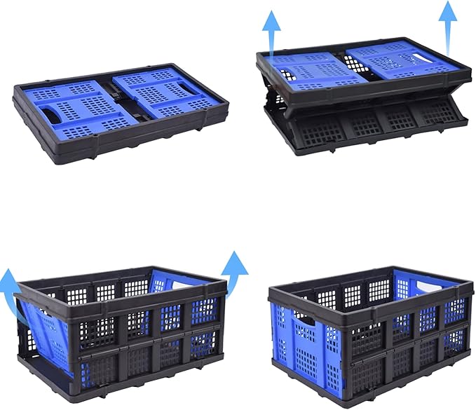 PMMJ 55L Collapsible Crate for Storage, 22”L x 15.8”W x 10.2”H, Heavy Duty PP Foldable Storage Bins, Space-Saving Stackable Containers for Home, Car & Shopping