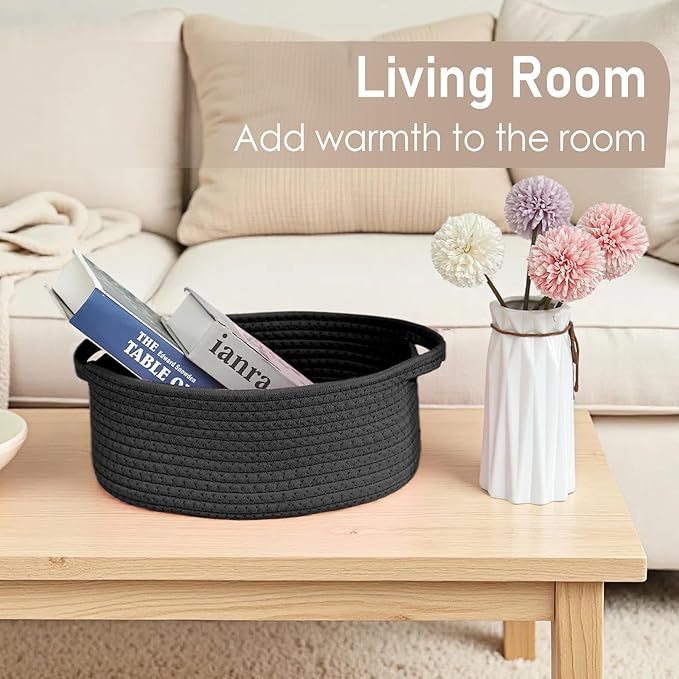 Woven Basket,Small Rope Storage Bin with Handles & Ribbon Bag, Organizer for Shelves Closets,Gift Basket Empty for Birthday,Books,Dog Toys, Black