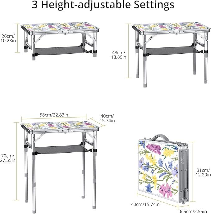 Anbte 2ft Folding Camping Table, 3 Adjustable Height Max 27.5" Small Folding Table with Storage Net Lightweight & Portable with Carry Handle, for Outdoor Indoor Camping Beach BBQ RV, Blooming Floral