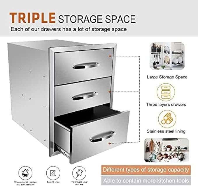 Stainless Steel Outdoor Kitchen Drawers - 3-Drawer BBQ Drawer, Built-in, Flush Mount for Outdoor Kitchens & BBQ Islands, 18Wx23Dx23H-3L