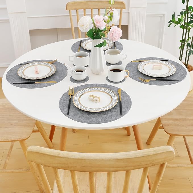 Homaxy Round Faux Leather Placemats and Coasters, Washable Dual-Side Table Mats, Wipeable Heat-Resistant Dining Place Mats for Outdoor and Indoor, Set of 4, Diameter 13 and 3.93 inch, Light Grey