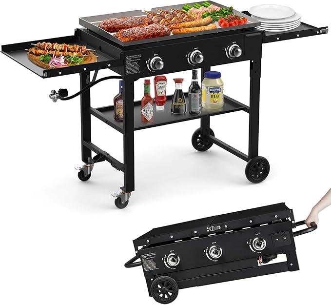 BESTFIRE Foldable Flat Top Grill, Outdoor Griddle-3 Burner Propane Griddle with Two Foldable Shelves,36" Flat Grills Outdoor-45,000 BTU Gas Grill for BBQ& Outdoor Cooking,Black