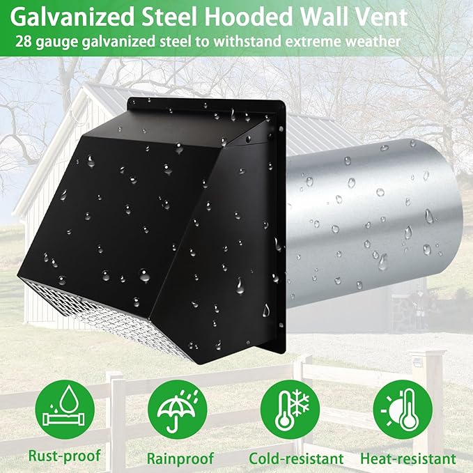 3 Inch Dryer Vent Cover Wall Vent Hood with Screen and Damper,Outdoor Dryer Vent Covers Outside Exhaust Vent Cover for Duct Air Ventilation,Wall Mount Extractor Vent Cap,Galvanized Steel,Black