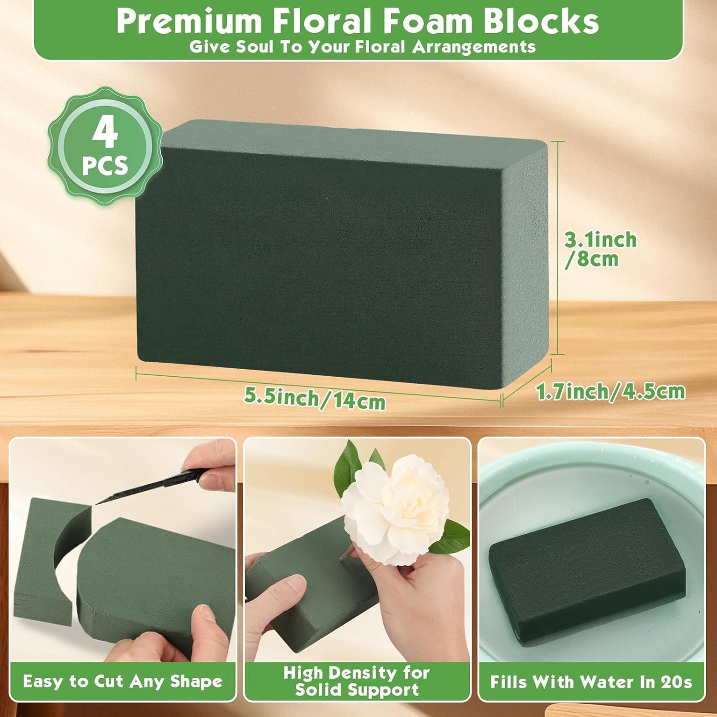 MAPVOLUT Premium Floral Foam Blocks (4 Pack 5.5"x3.1"x1.7") & Waterproof Floral Tape (65ft) - Fast Soak Oasis Foam for Fresh & Fake Flowers, DIY Wedding Centerpieces, Bouquets, Home Decor Crafts
