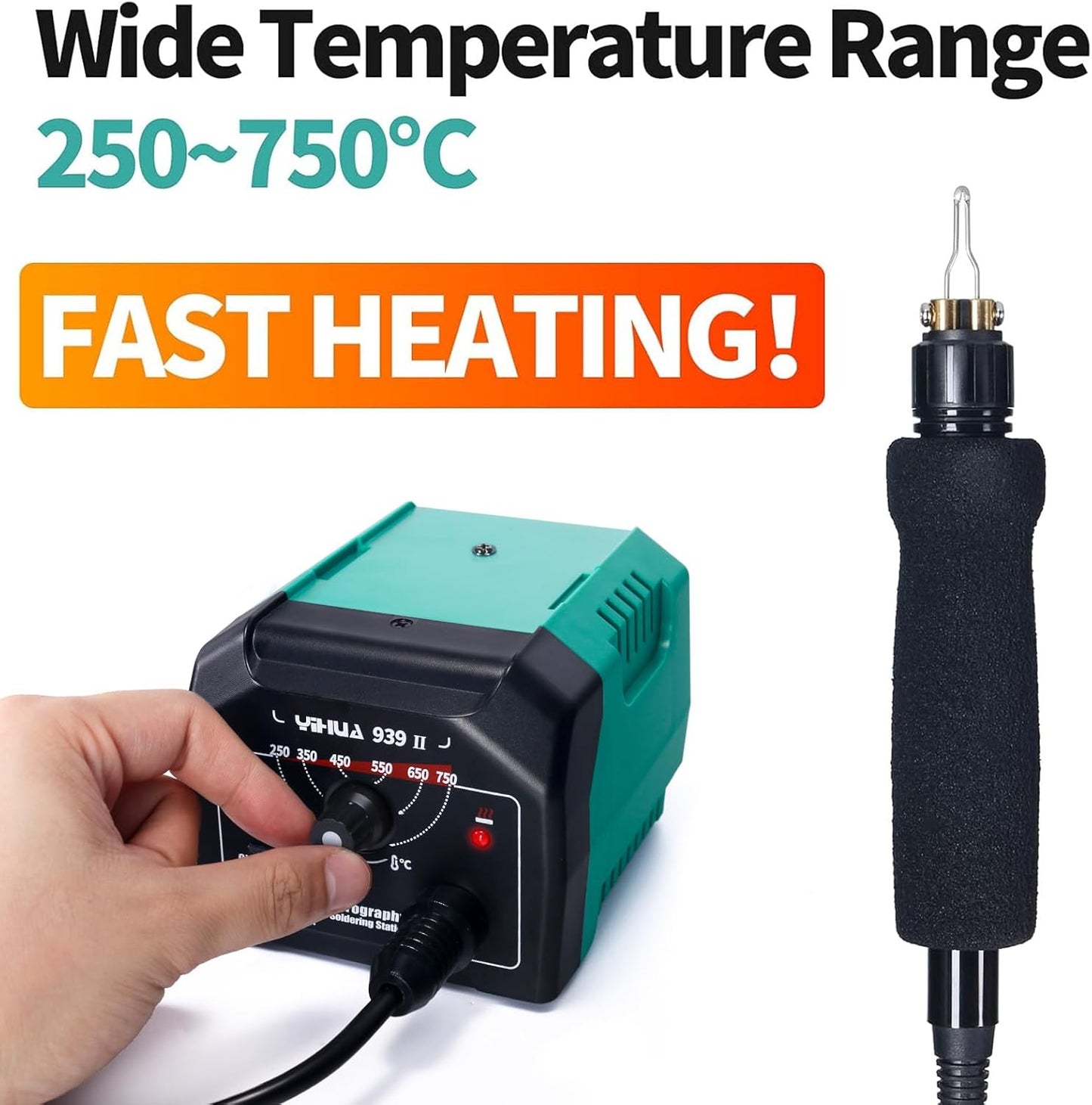 YIHUA 939-II Wood Burning Kit Station Pyrography pen 250~750℃/482~1382℉ Temperature Adjustable with 20 Wire Nibs, 1 stable pen holder, 2 stencils, 2 scrap wood, 1 S/S Tweezers, and 1 pliers (Green)