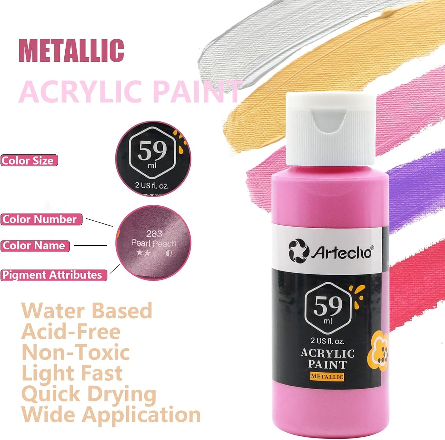Artecho Acrylic Paint Set, 12 Metallic Colors Bottles (59ml / 2oz) Art Craft Paints for Canvas, Rock, Stone, Wood, Fabric, Art Supplies