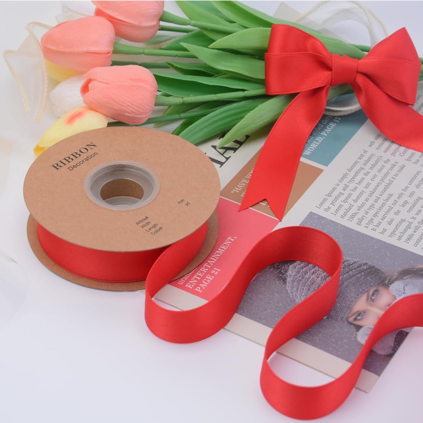 Double Side Satin Ribbon, Continuous 20 Yards,Use for Craft Bows Bouquet, Gift Wrapping, Wedding Decoration, Floral Arrangement (Red, 1-1/2 inch)
