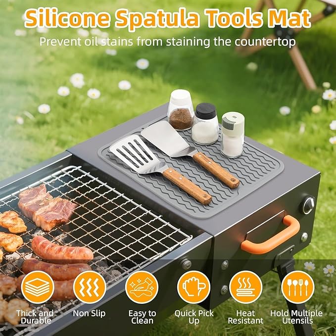 Grill Accessories, 14x11 Inch Silicone Heat Resistant Mat, BBQ Tool Rest Pad for Blackstone Griddle Side Shelf, Weber, Traeger, Outdoor Kitchen Countertop Protector (Grey)