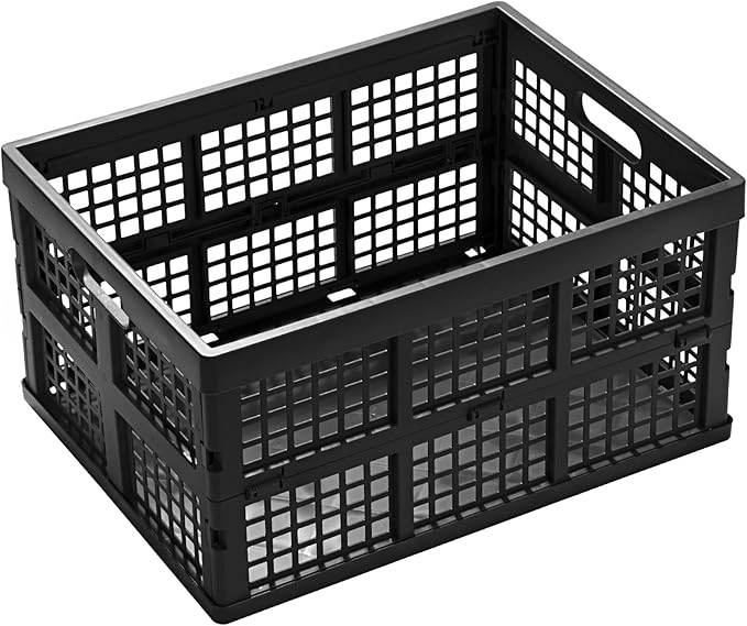 34L Large Plastic Folding Storage Crates,Collapsible Crates for Storage,Pack of 3 (Black)