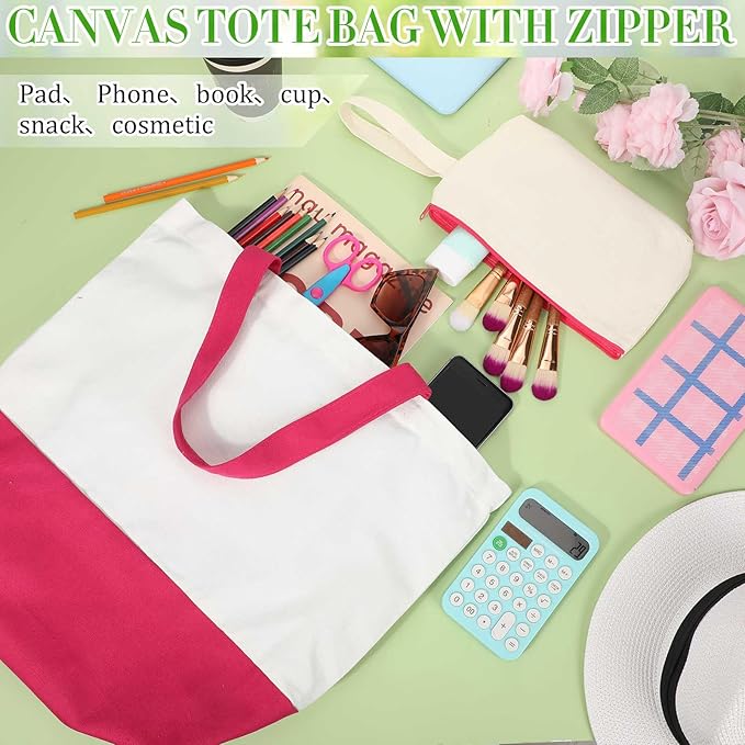 Sanwuta 24 Pcs Canvas Tote Bags Bulk with Zipper Cosmetic Bags 18.5" Cotton Canvas Bag with Handles Reusable Shopping Bags