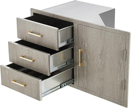Stainless Steel Outdoor Kitchen Door Drawer Combo 38.2" W x 20.5" H x 22.6" D - Triple Drawers & Access Door, Propane Storage & Adjustable Garbage Ring, Weather-Resistant Flush Mount