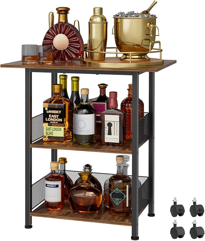 Bar Cart, 3-Tier Bar Cabinets Mini Bar Serving Cart Drink Cart Wine Table Whiskey Liquor Bottle Display Stand, Corner Cabinet for Kitchen, Dining Room, Living Room, Black