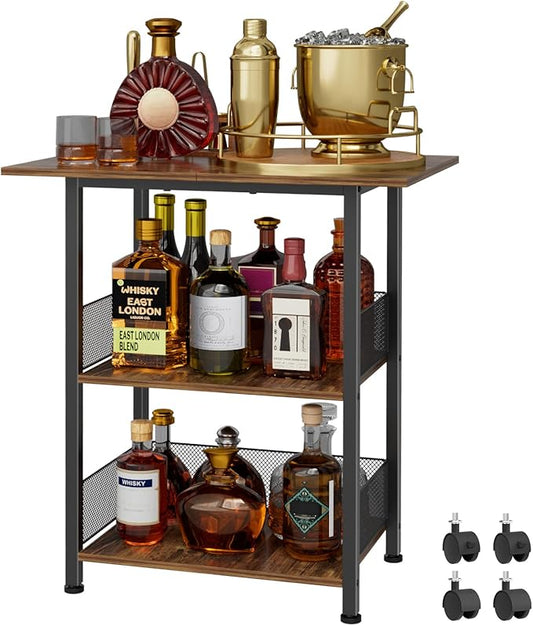 Bar Cart, 3-Tier Bar Cabinets Mini Bar Serving Cart Drink Cart Wine Table Whiskey Liquor Bottle Display Stand, Corner Cabinet for Kitchen, Dining Room, Living Room, Black