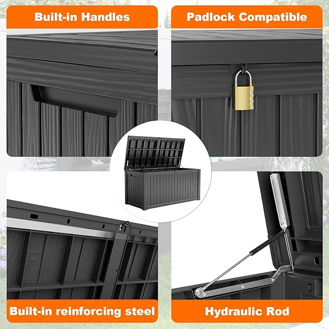 200 Gallon Large Deck Box,Resin Outdoor Storage Box with Lockable for Patio Furniture, Pool Accessories, Garden Tools Waterproof Outside Storage Box, Black