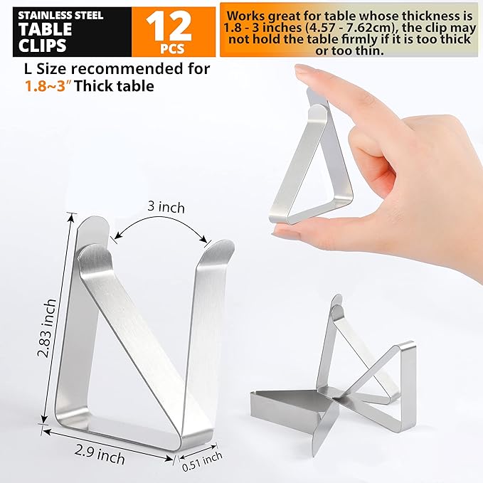 Large Tablecloth Clips [USA Based Brand]- 12 Pack Stainless Steel, Rust Proof Table Cloth Holding Clip - Perfect for Folding, Picnic, Party, and Outdoor Tables-Fits for 1.8~3 Inch Thick Table