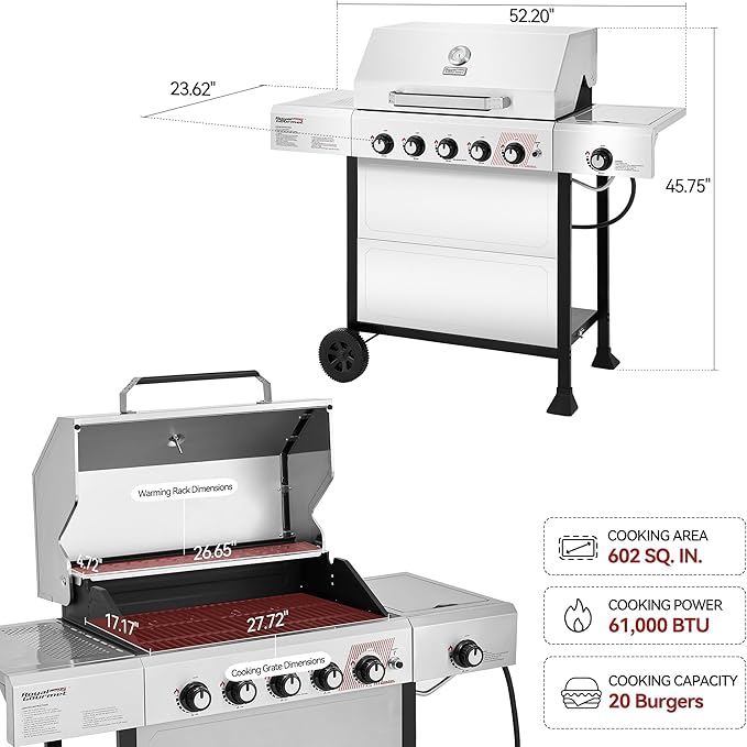 Royal Gourmet GA5401T 5-Burner BBQ Liquid Propane Gas Grill with Side Burner, Stainless Steel 61,000 BTU Output for Patio Garden Picnic Backyard Cooking, Silver