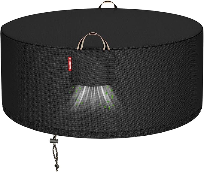 [2025 Upgraded 900D Fabric] Fire Pit Cover Round for 45-48 inch Fire Pit, 900D Heavy Duty Waterproof Fireplace Cover with Air Vent, Handle & Tightening Drawstring, 48"Dia x 24"H -Black