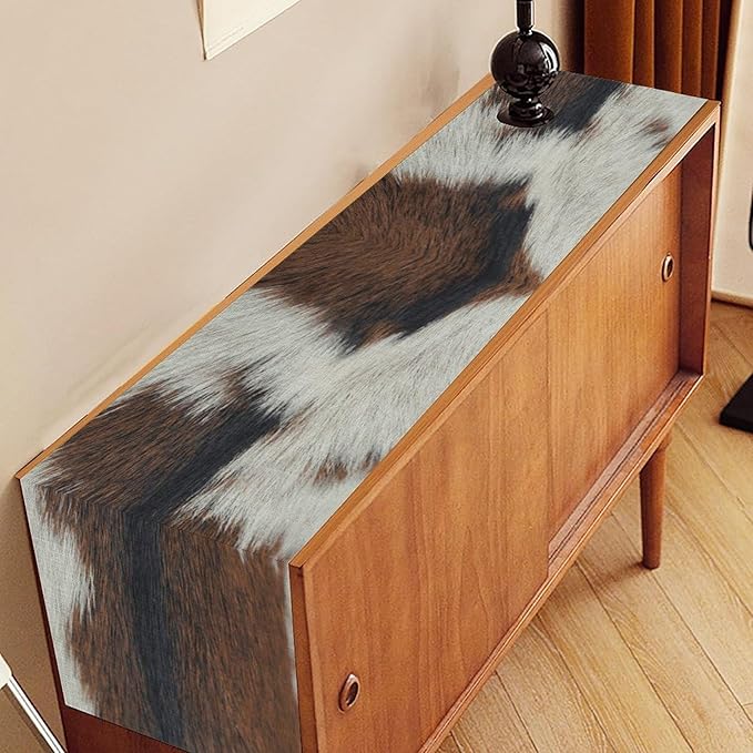 Cow Print Table Runner, Brown Cowhide Print Western Style Table Runner Country Farmhouse Cottage Cow Pattern Linen Table Decoration for Home Kitchen Dining 13x108