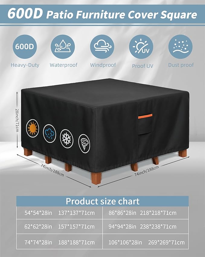 Outdoor Waterproof Furniture Cover, 74W x 74L x 28H inches Heavy Duty 600D Square Table and Chair Set Protection, Black