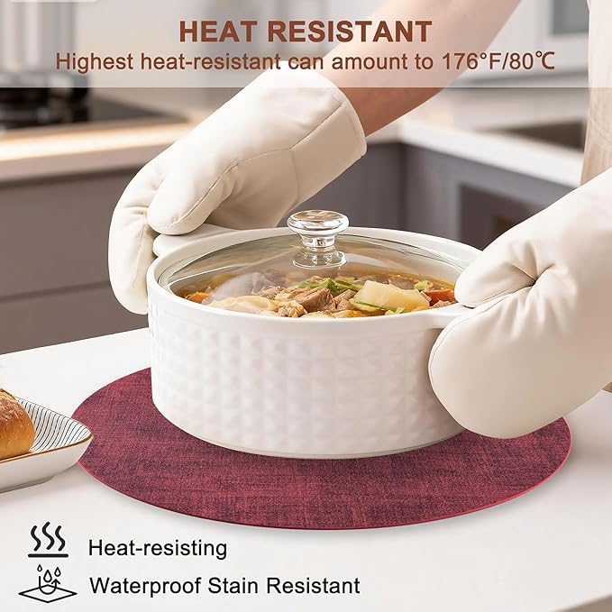 Round Faux Leather Placemats and Coasters, Set of 6, Reversible Heat Resistant Non-Slip Table Mats, Waterproof Wipeable Place Mats for Dining Table, Washable for Indoor & Outdoor (6, Red)
