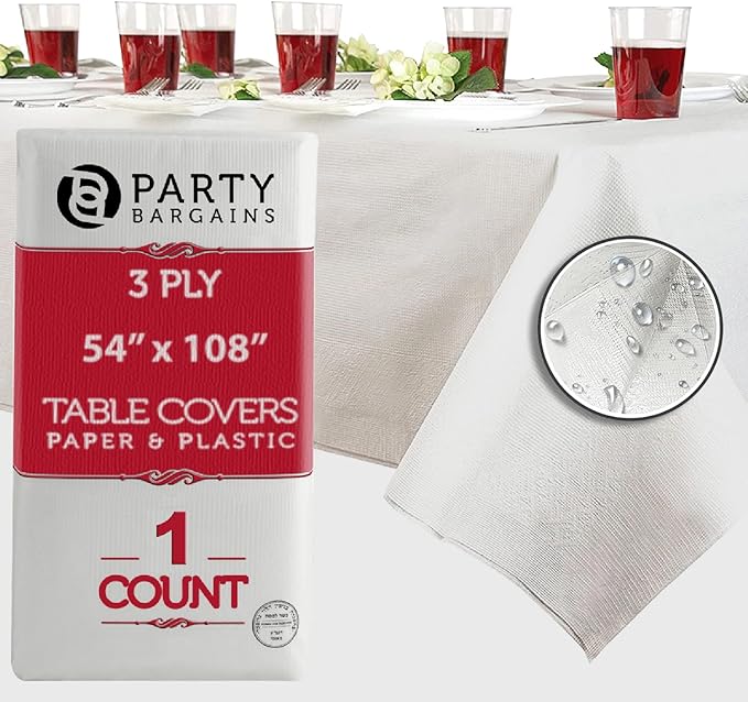 PARTY BARGAINS Disposable Table Covers - 54" X 108" [1 Count] 3 Ply Paper & Plastic White Table Cover