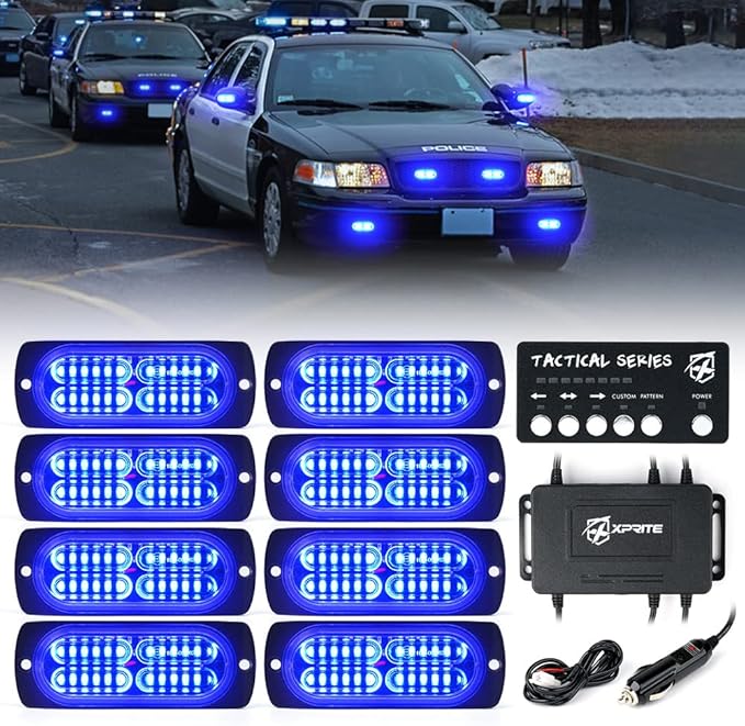 Xprite 24 LED Blue Surface Mount Strobe Police Lights Kit, Emergency Safety Warning Flashing Grille Safety Cop Marker Light Assembly for Volunteer Vehicles Trucks ATV UTV Motorcycle 8PCS