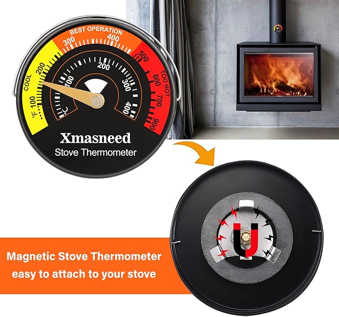 Wood Stove Thermometer Magnetic, 3PCS, Stove Top Thermometer for Wood Burning, Gas, Pellet Stove, Avoiding Fireplace Fan Damaged by Overheat