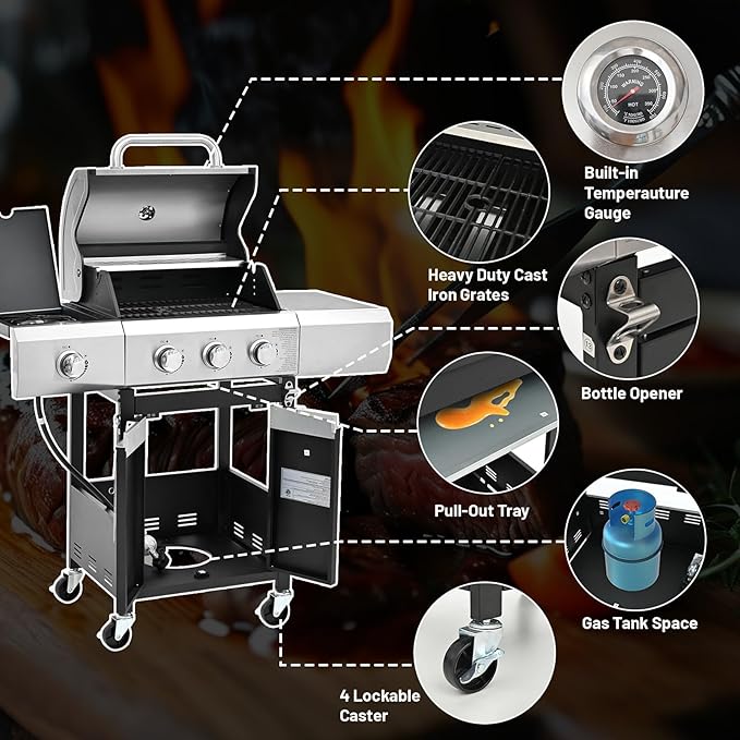 3-Burner Propane Gas BBQ Grill with Side Burner, 40,500 BTU Stainless Steel Gas Grill with Rain Cover for Outdoor, Camping, Barbecue Grilling Backyard Cooking (3+1 burners)