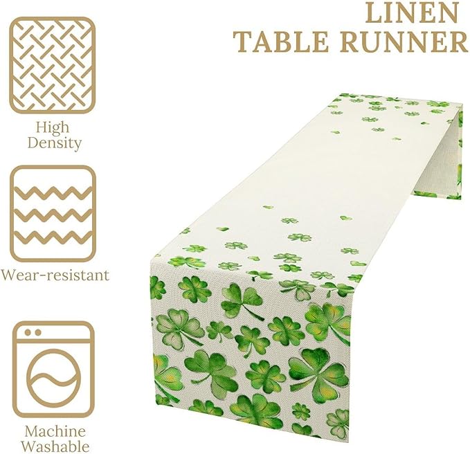 St.Patrick's Day Table Runner,Rustic Green Clover Seasonal Leaves White Green Table Center Decor for Family Kitchen and Living Room Outdoor Farmhouse Party Table Decorations, 13"x90"