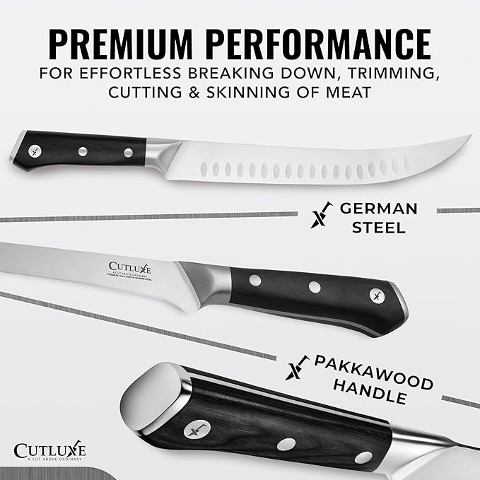 Cutluxe Butcher Carving Set – Cimeter Breaking & Boning Knives for Meat Cutting – Professional Knife, Razor Sharp German Steel, Full Tang, Ergonomic, Butcher Knives for BBQ – Artisan Series