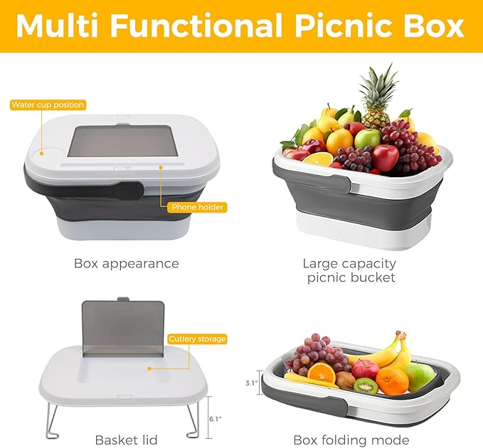 Picnic Basket for 2 Person, Foldable Bucket with Lid and Handles, Portable Outdoor Storage Bucket, 18 Liters, Ideal for Camping、Outdoors and Car Trunks (White)