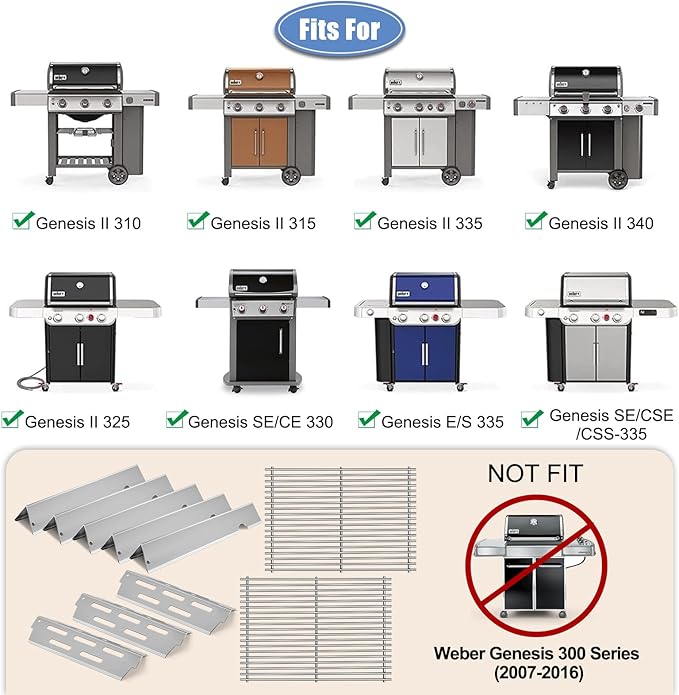 Stainless Steel Grill Grates with 66032 Flavorizer Bars for Weber Genesis II Grill Parts GS4,66095 Cooking Grates 66795 Heat Deflector Replacement Parts for Weber Genesis ii E-310 E-315 S-335