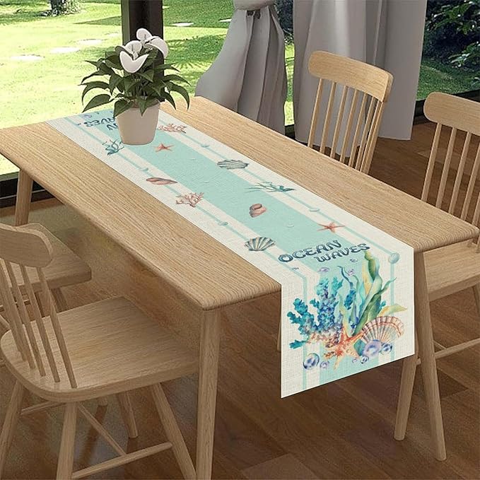 Nautical Coastal Table Runners, Blue Starfish Seashell Coral Summer Watercolor Undersea Ocean Waves Beach Table Center Decor for Holiday Party Kitchen Outdoor Farmhouse Table Decorations, 13" X 72"