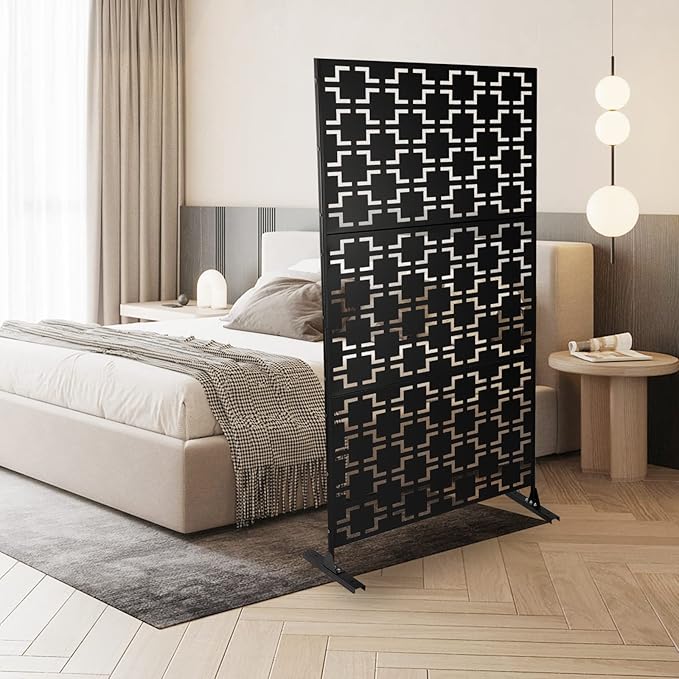 Metal Outdoor Privacy Screen,Freestanding Outdoor Divider Decorative Privacy Fence Screen,Freestanding Decorative Privacy Screen for Balcony Patio (Checkered Pattern 35.4in)