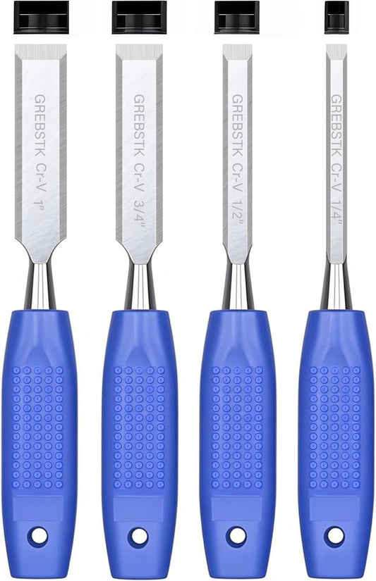 GREBSTK 4 Pcs Wood Chisel Set, CRV Steel Bevel Sharp Edge Bench Chisels with Safety Caps, Comfortable Rubber Handle, for Woodworking and DIY Projects, 9“x(1/4", 1/2", 3/4", 1")
