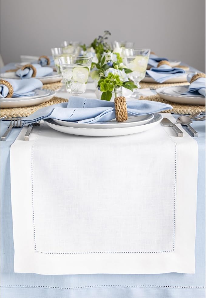 Solino Home Linen White Table Runner 108 Inches Long - 100% Pure Linen 18 x 108 Inch Table Runner for Spring, Easter, Valentines - Classic Hemstitch