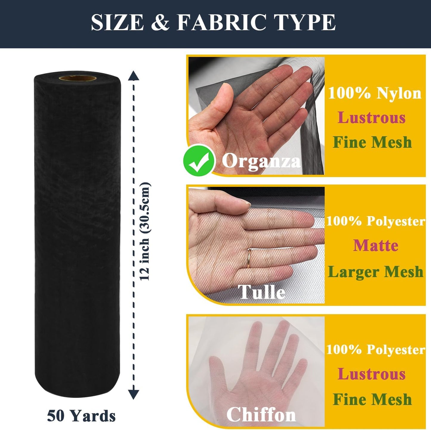 Black Organza Tulle Fabric Rolls, Crystal Organza 12" by 50 Yards (150 ft) Sheer Nylon Silky Shiny Netting Spool Bolt for DIY Craft Table Runner Wedding Baby Shower Party Decor (Black)