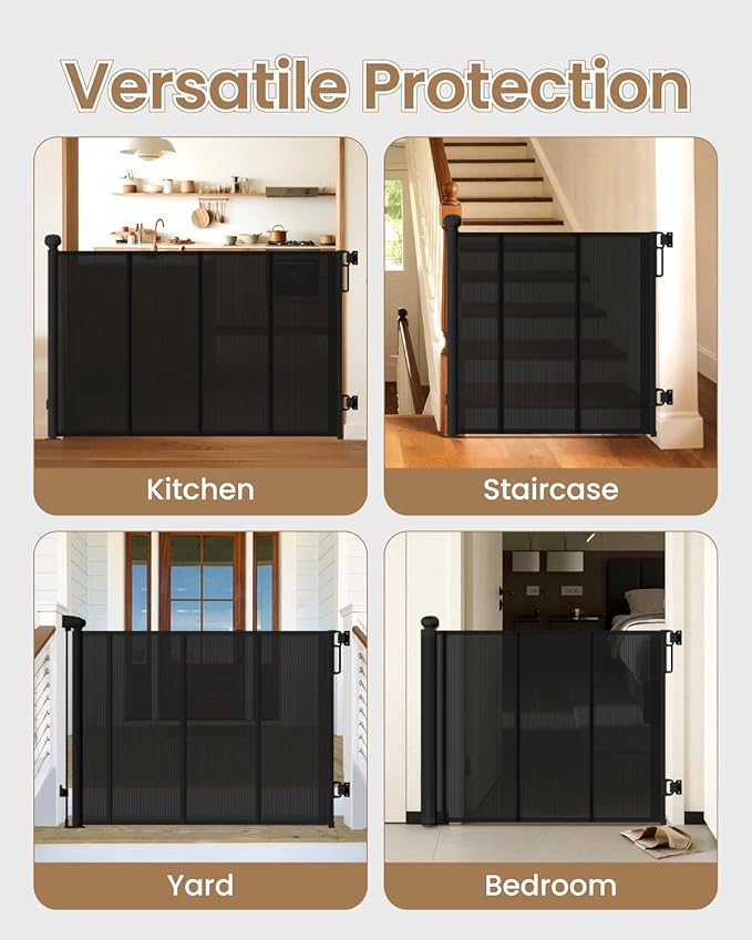 Retractable Baby Gate, 55" Wide Mesh Baby Gate with 4 Reinforced Rods, 34" Tall Anti-Sagging Dog Gate, Prevents Kids & Dogs from Crawling Under, for Stairways, Hallways & Patios, Black