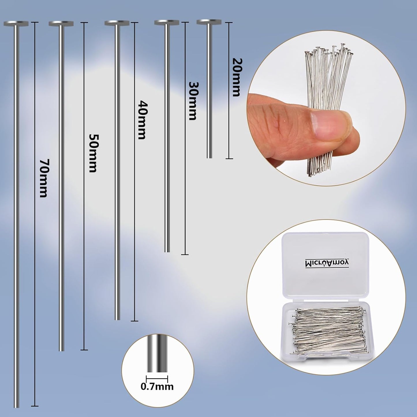 260pcs Silver Filled Flat Head Pins Non Tarnish Craft Earring Bracelet Jewelry Making Accessories Supplies (20mm (0.78in, Silver-Flat Head Pin)